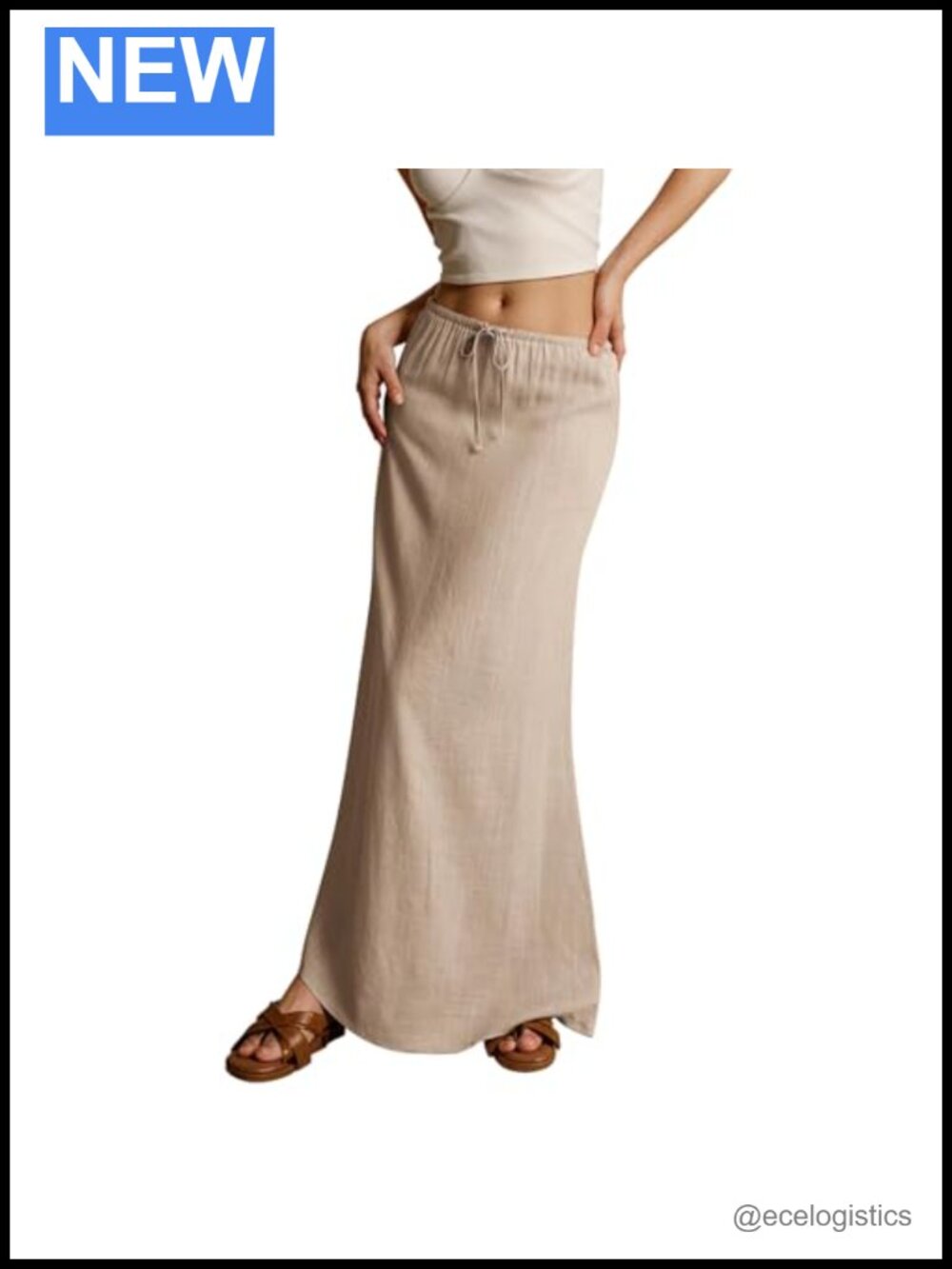 Linen Look Maxi Skirt Drawstring Elastic Waist Flowy Beach Vacation Boho
